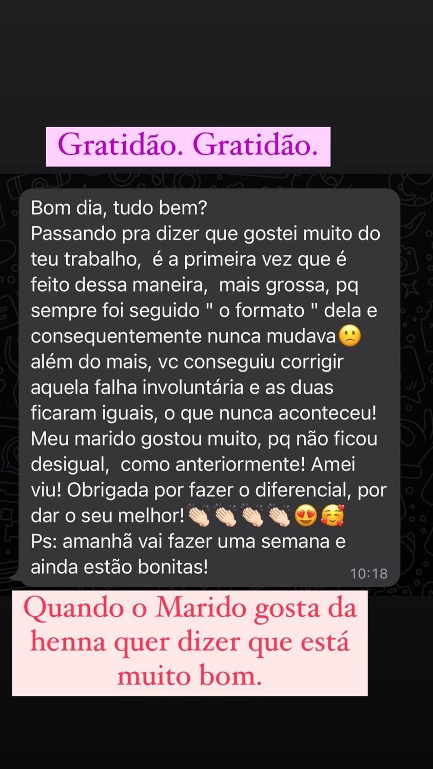 Print de feedback agradecendo o trabalho de sobrancelhas