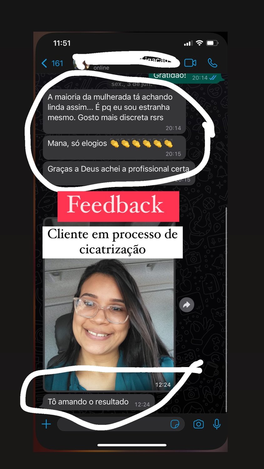 Print de feedback de cliente em cicatrização